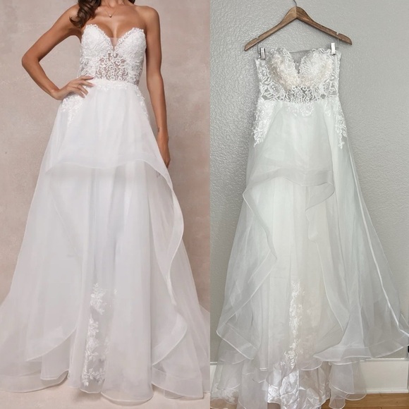 Mine All Mine White Embroidered Organza Strapless A-Line Gown